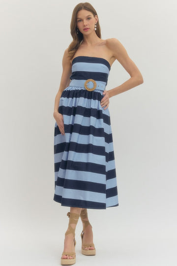 Striped Belted Dress - Blue