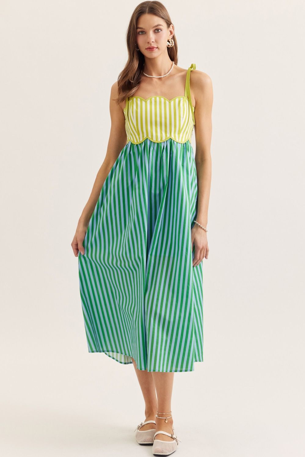 Scallop Trim Striped Maxi Dress - Green