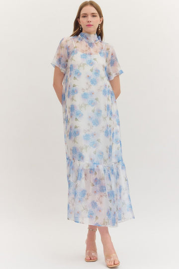 Blue Floral Sheer Overlay Maxi Dress
