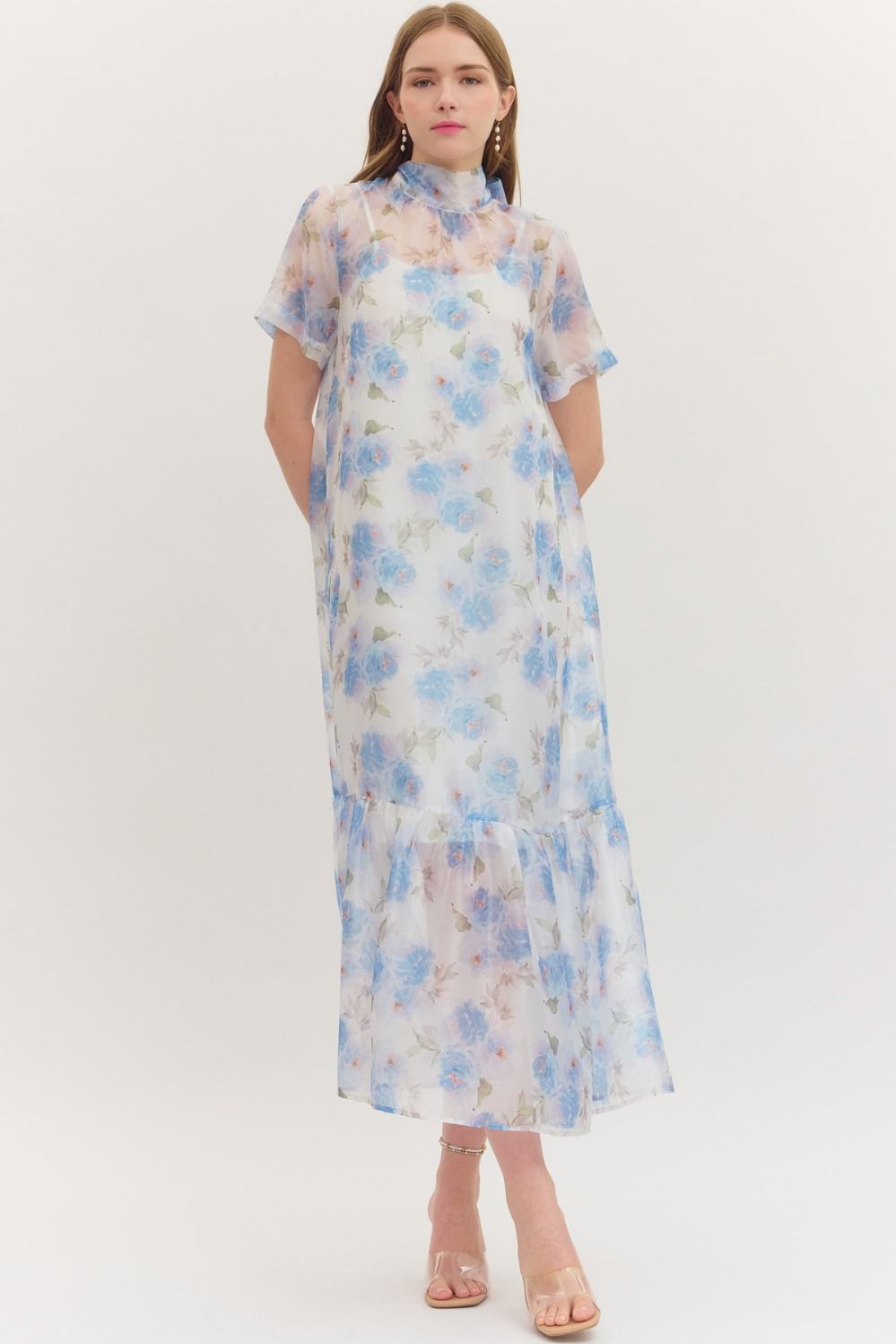 Blue Floral Sheer Overlay Maxi Dress