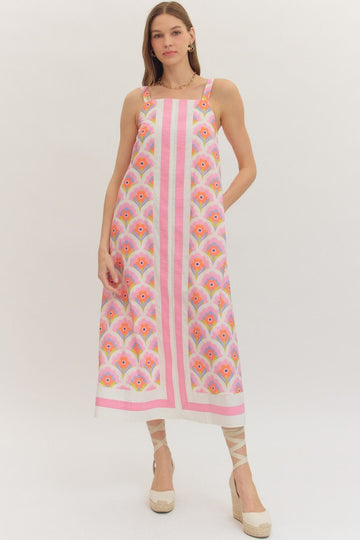 Pink Retro Floral Print Maxi Dress