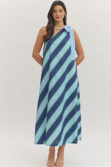Blue Striped One Shoulder Maxi