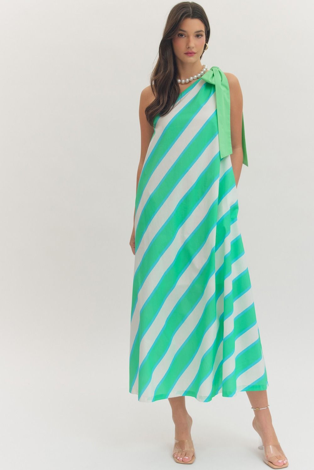 Mint Striped One Shoulder Maxi Dress