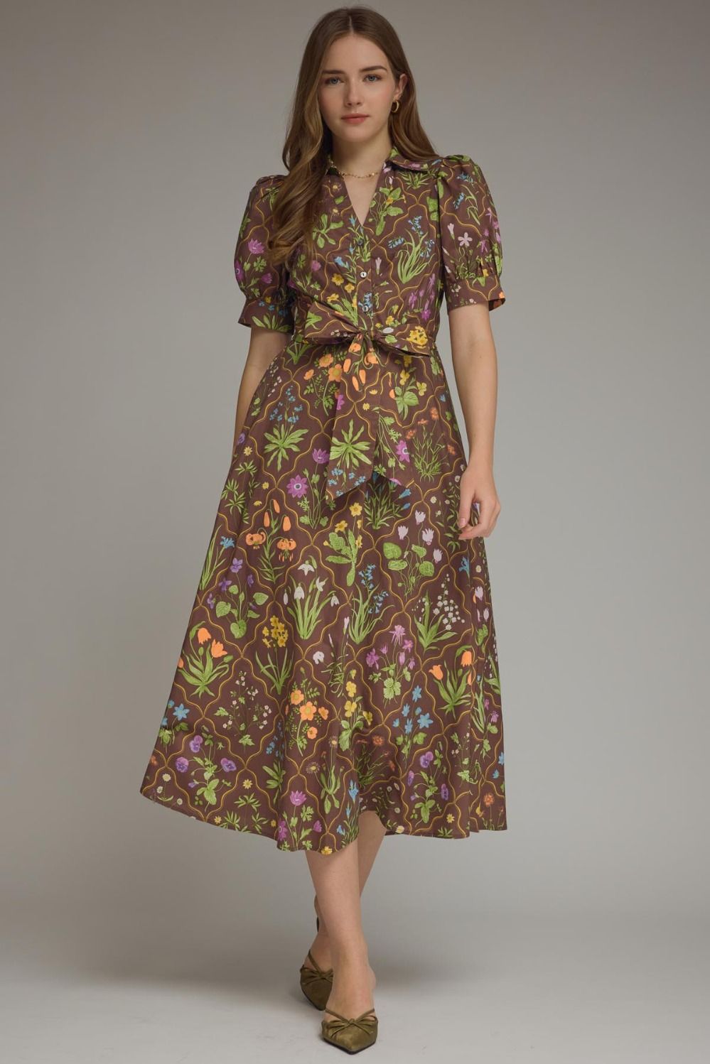 Autumn Botanical Tie Waist Maxi Dress