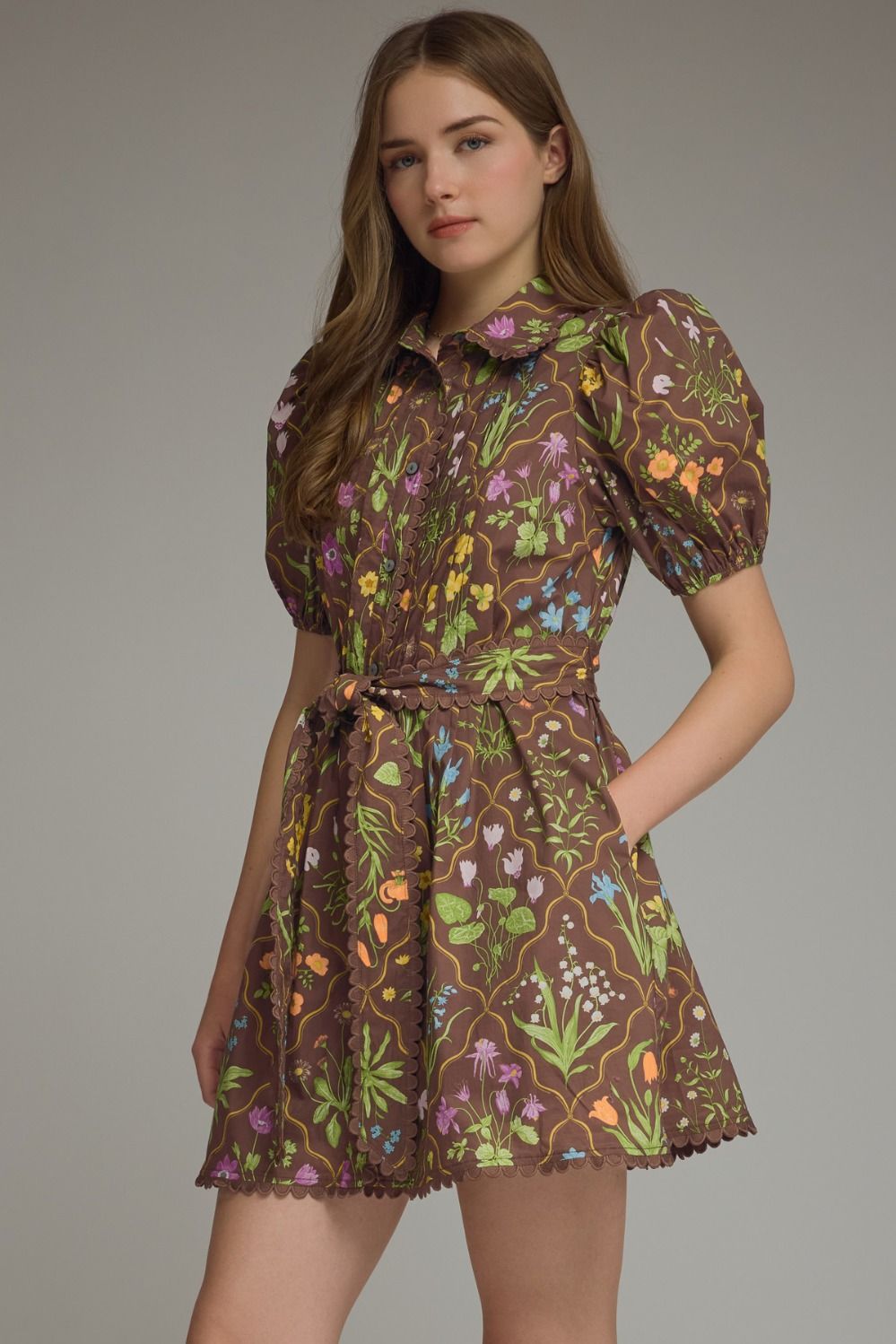 Autumn Botanical Brown Button Down Mini Dress