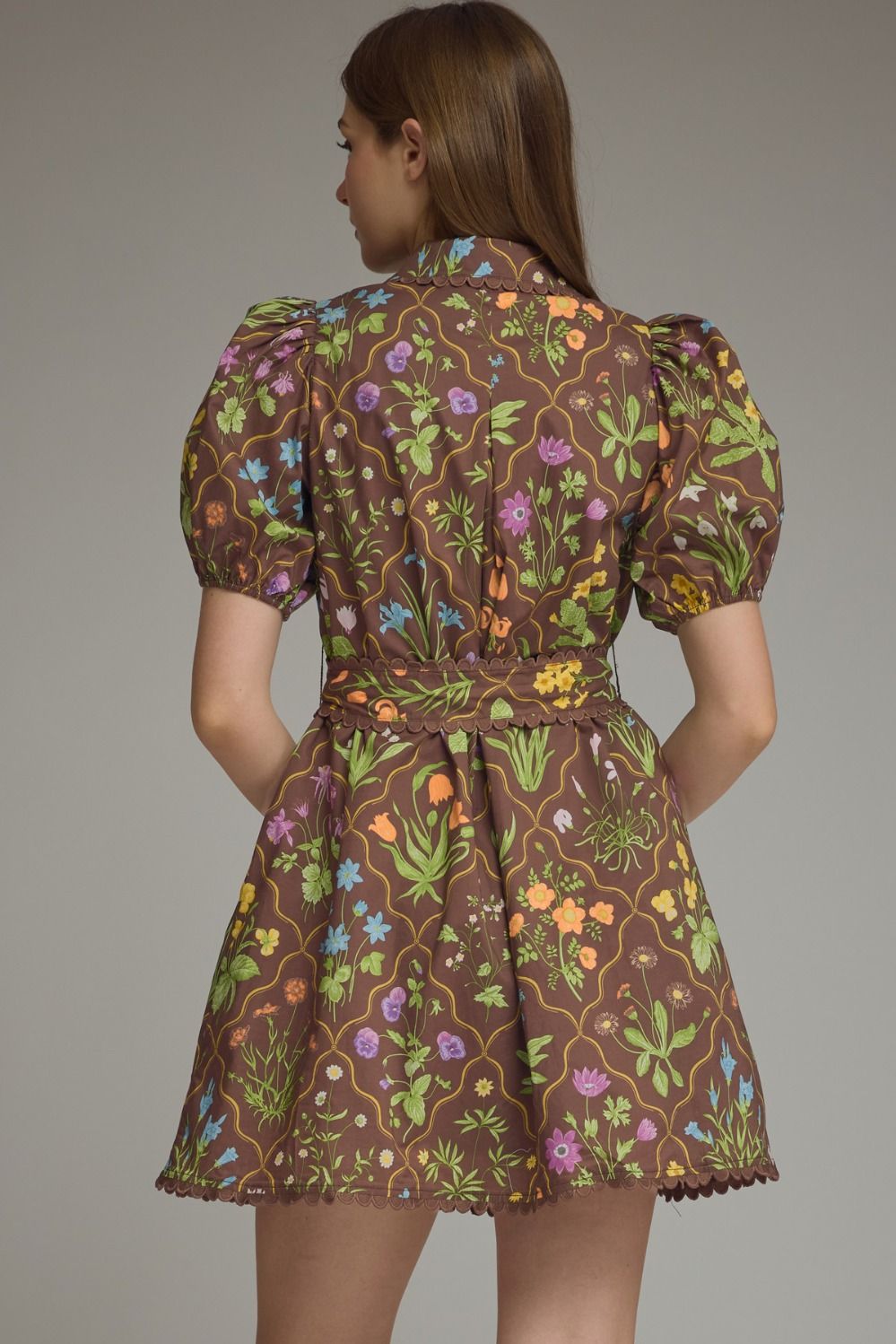 Autumn Botanical Brown Button Down Mini Dress