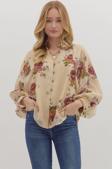 Taupe Floral Print Puff Sleeve Button Up Top
