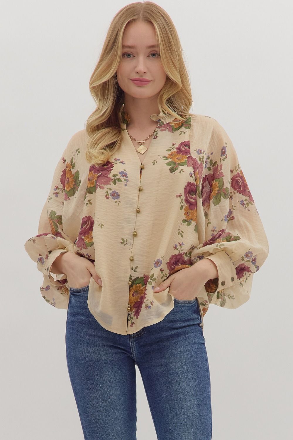 Taupe Floral Print Puff Sleeve Button Up Top