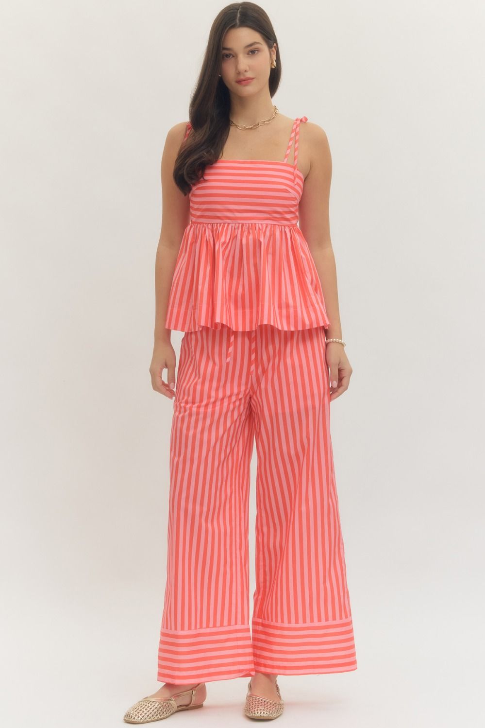 Pink Striped Wide Leg Pants and Tank Top Set