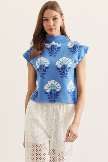 Blue Floral Jacquard Mock Neck Sweater Vest