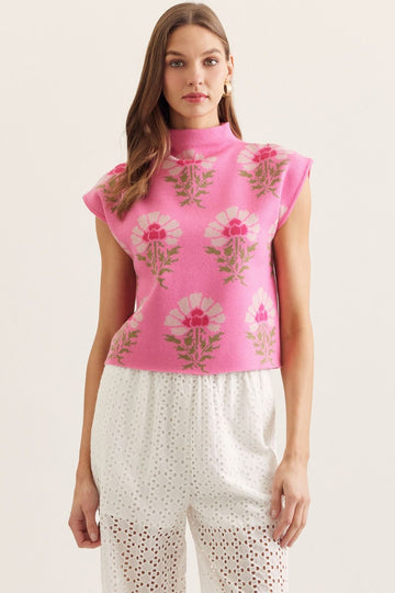 Pink Floral Jacquard Mock Neck Sweater Vest