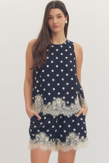 Polka Dot and Lace Two Piece Set - Navy Blue