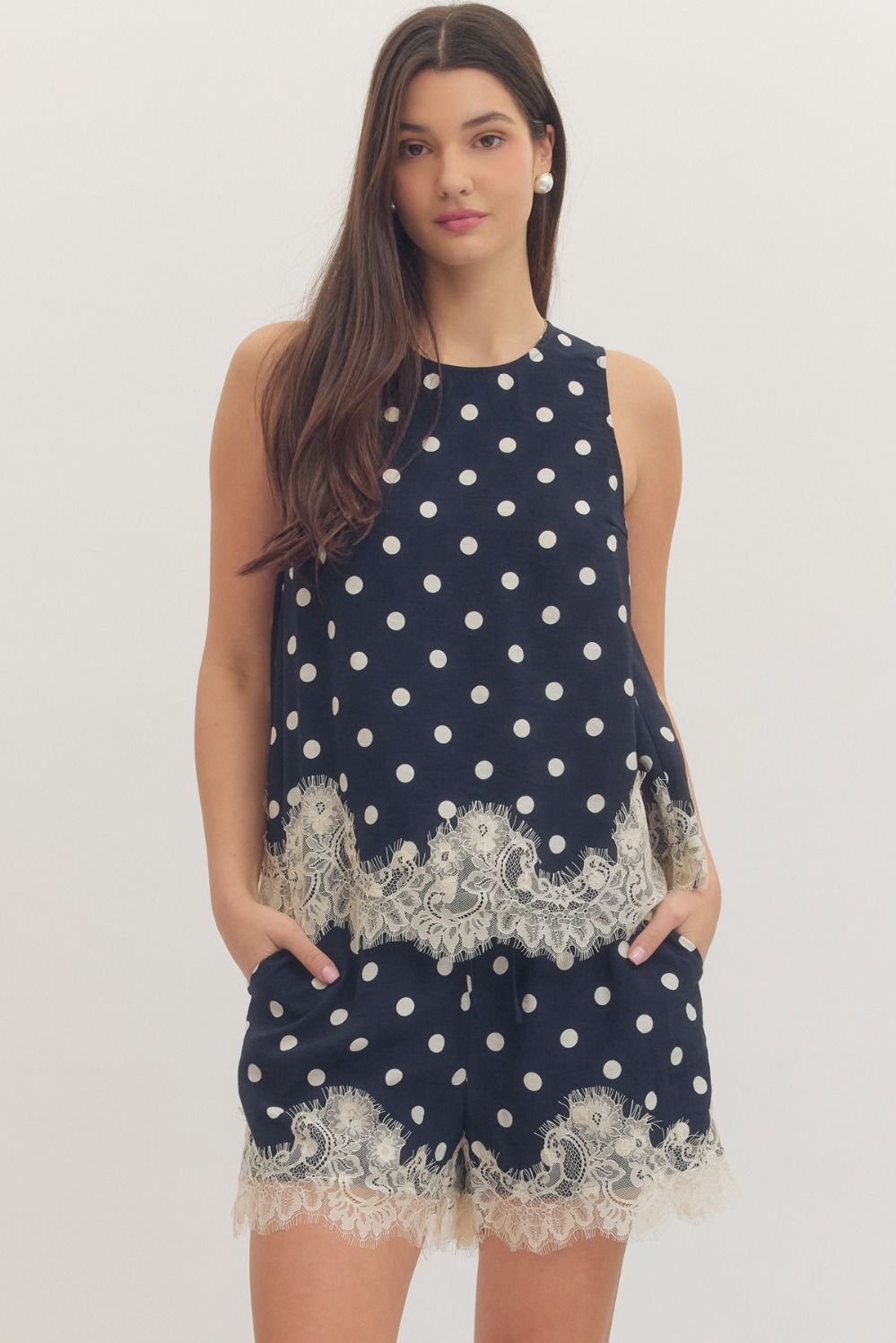 Polka Dot and Lace Two Piece Set - Navy Blue