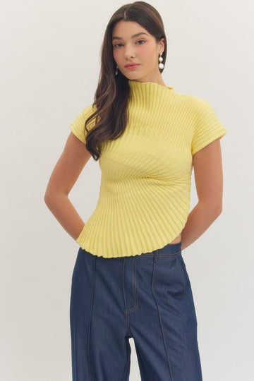Short Sleeve Asymmetrical Ribbed Sweater - Yellow