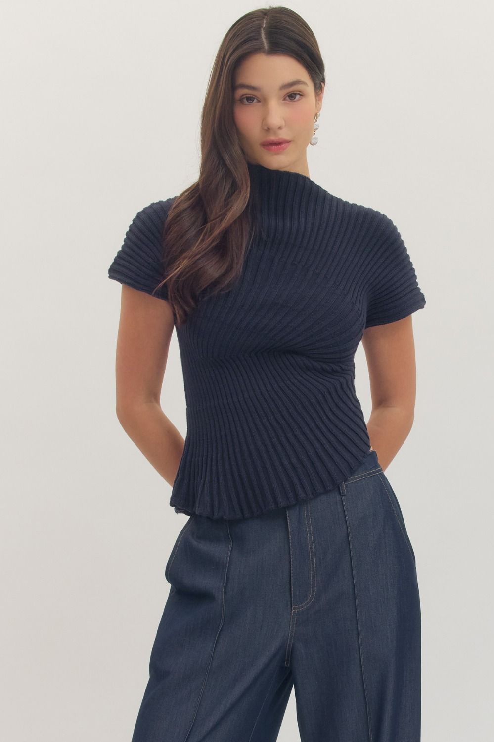 Short Sleeve Asymmetrical Ribbed Sweater - Navy Blue