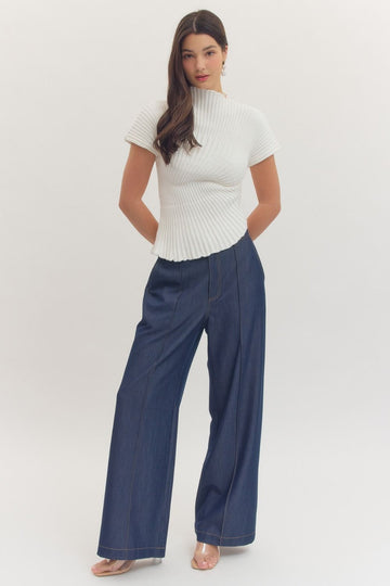 Short Sleeve Asymmetrical Ribbed Sweater - White