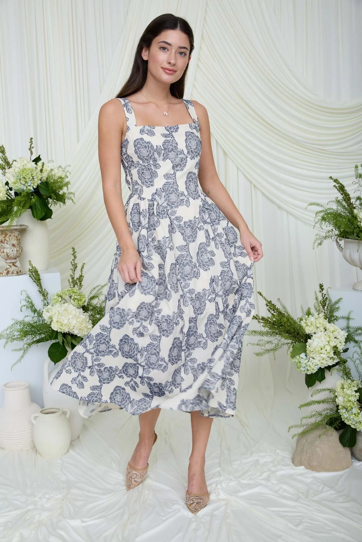 Navy Blue Jacquard Floral Maxi Dress