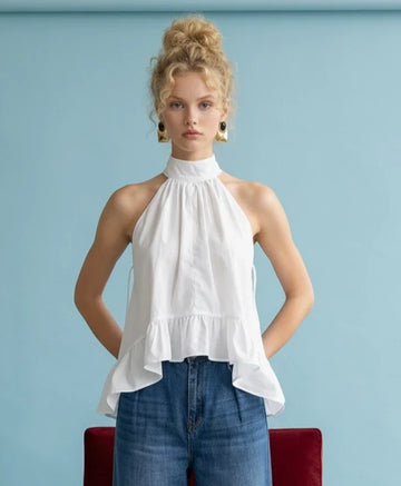 White Tapered Ruffle Hem Halter Neck Top