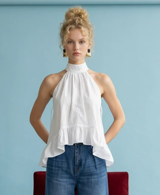 White Tapered Ruffle Hem Halter Neck Top
