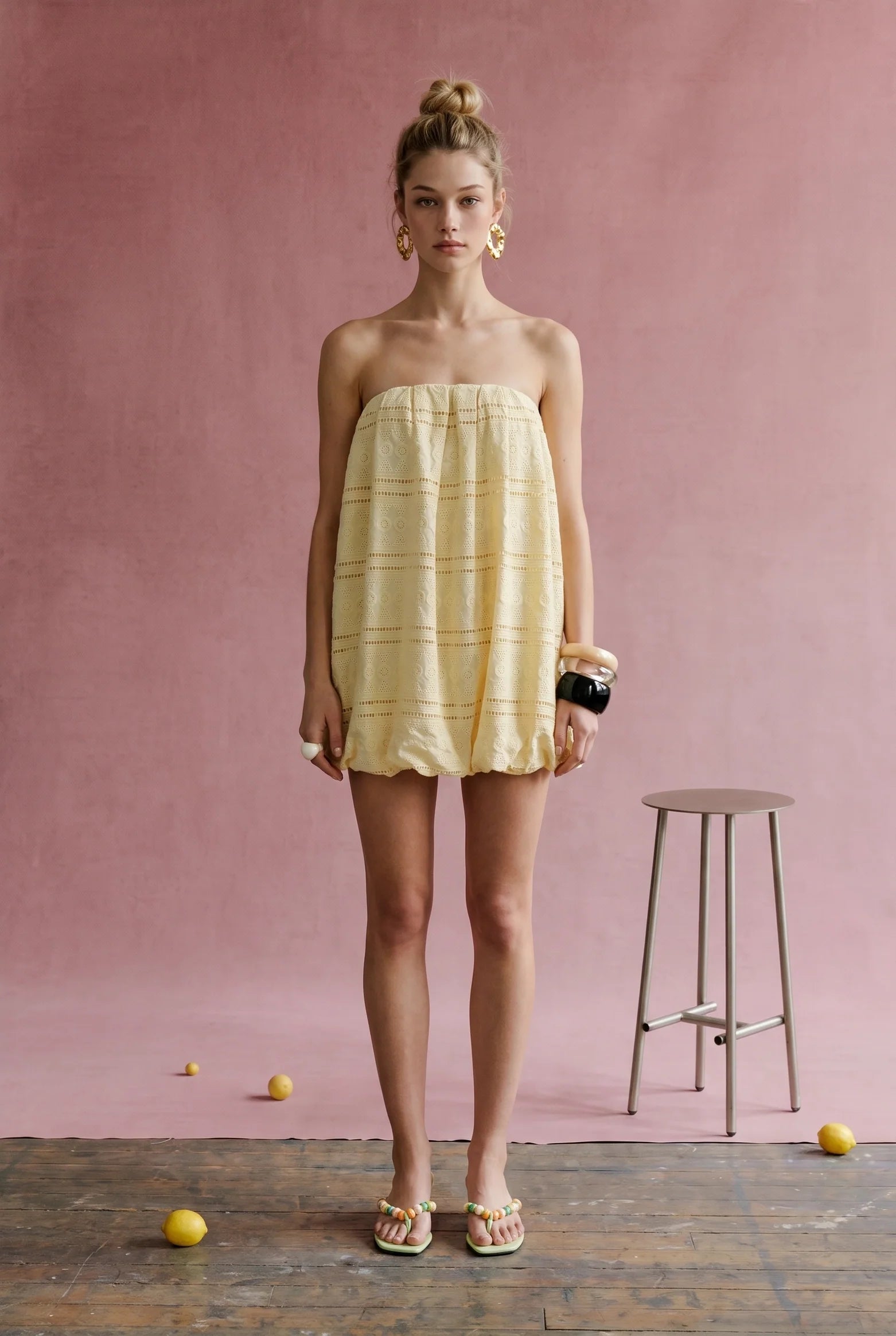 Yellow Embroidered Eyelet Bubble Hem Tube Dress