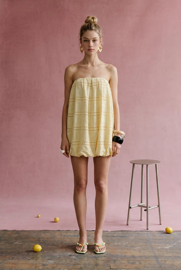 Yellow Embroidered Eyelet Bubble Hem Tube Dress