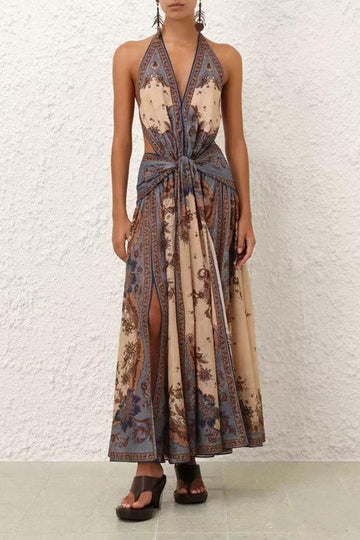 Bohemian Paisley Plunge Cutout Maxi Dress