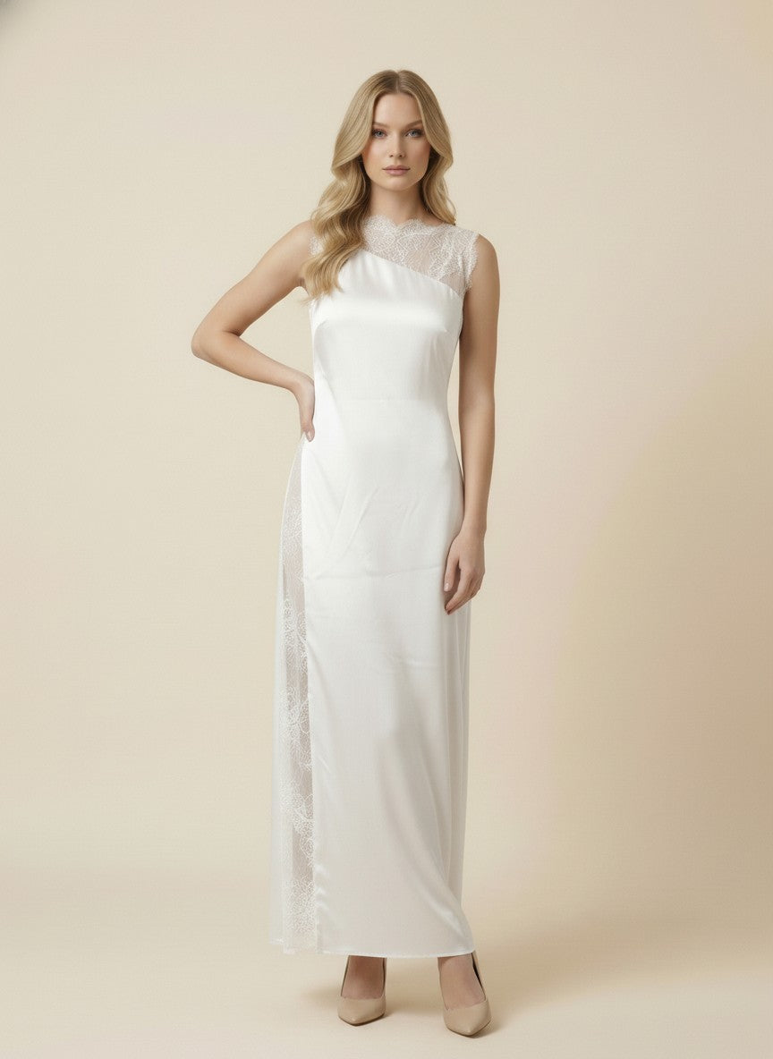 Ivory Satin Maxi Dress with Lace Detail